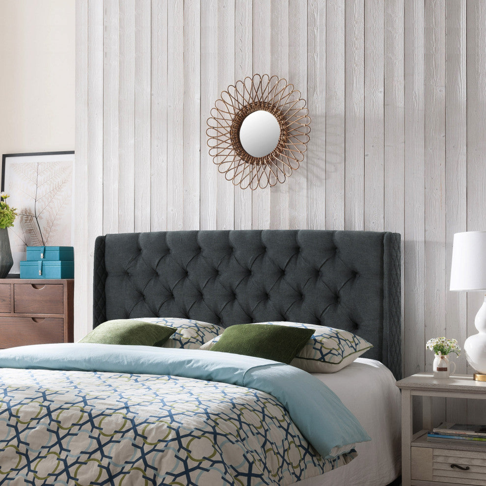 GDF Studio Lidia Wingback Queen/Full Tufted Fabric Headboard, Dark Gray
