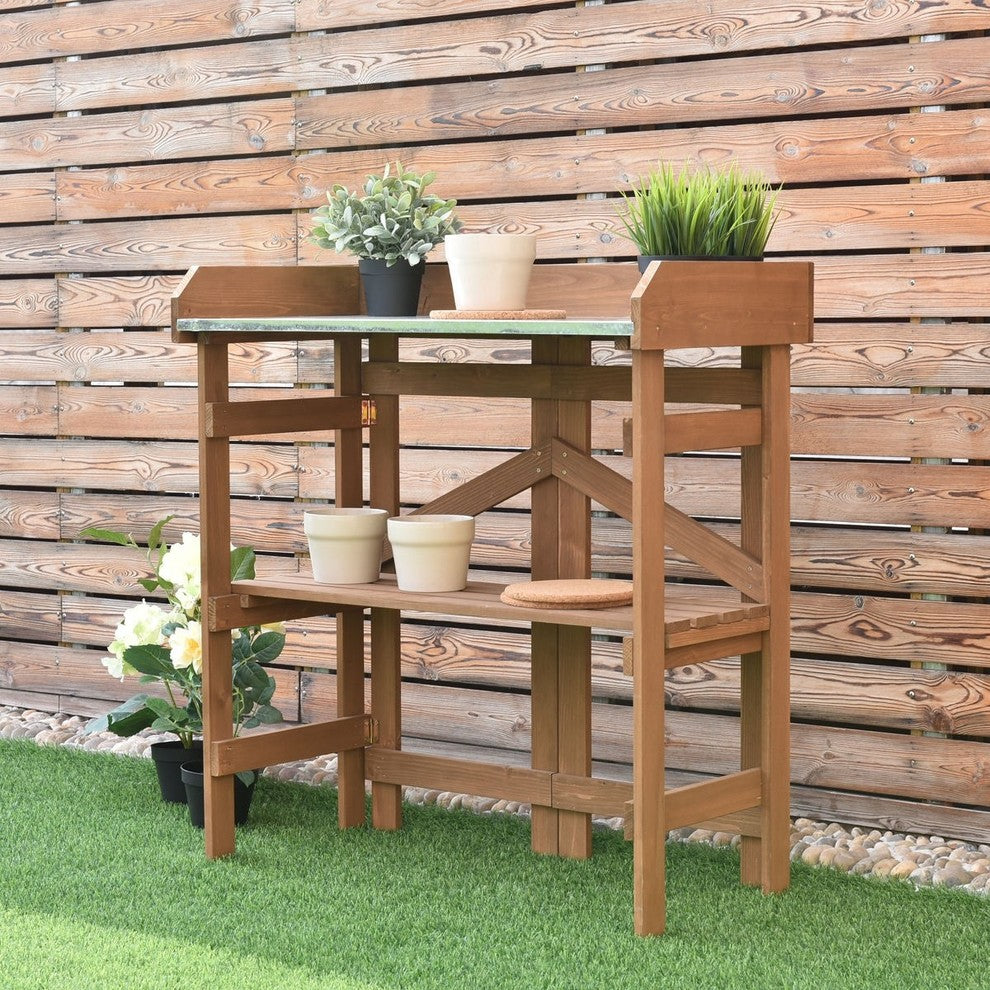 Modern Wooden Potting Bench Garden Planting Workstation Shelves