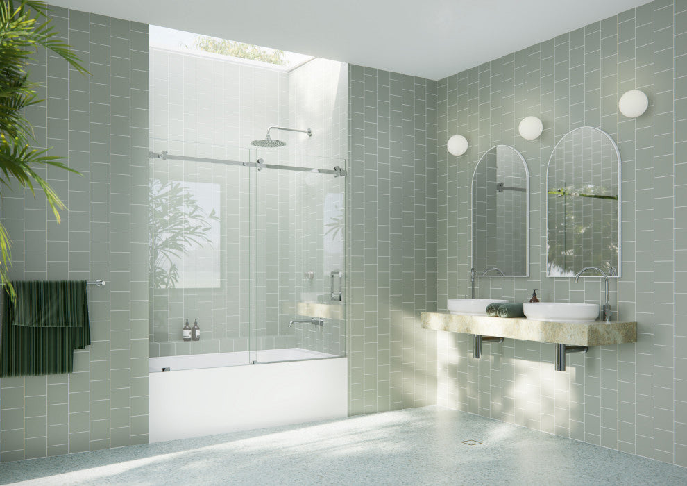 56-60"x60-Frameless Bath Tub Sliding Shower Door Square Hardware, Polished Chrome