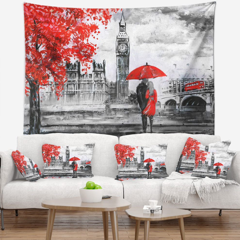 Couples Walking in Paris Landscape Wall Tapestry, 92"x78"