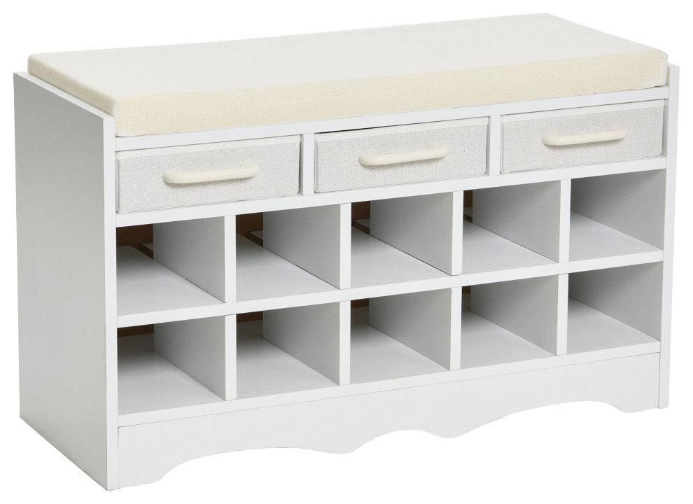 Entryway Storage Bench, 3 White Drawers 10 Shoe Compartments, Cushioned Seat