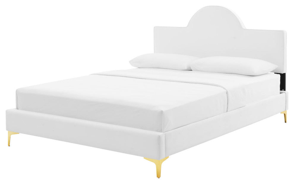 Platform Bed Frame, Queen Size, White, Velvet, Modern, Bedroom Guest Suite