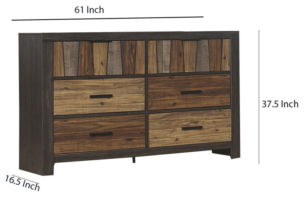 Benzara BM220028 Plank Style 6 Drawer Wooden Dresser, Metal Bar Handles, Brown