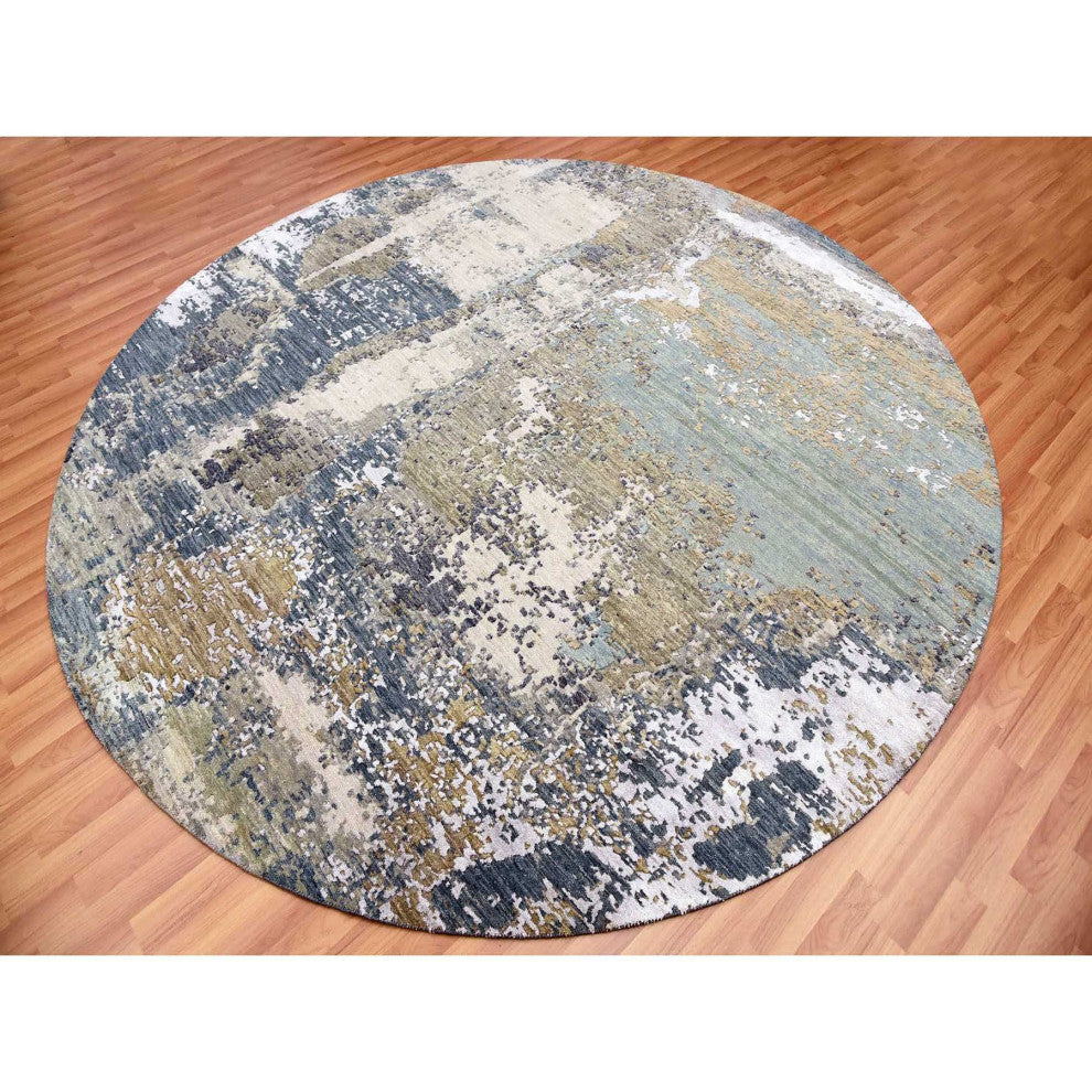 Gray Abstract Design, Hand Knotted Natural Wool Round Oriental Rug, 8'1"x8'5"