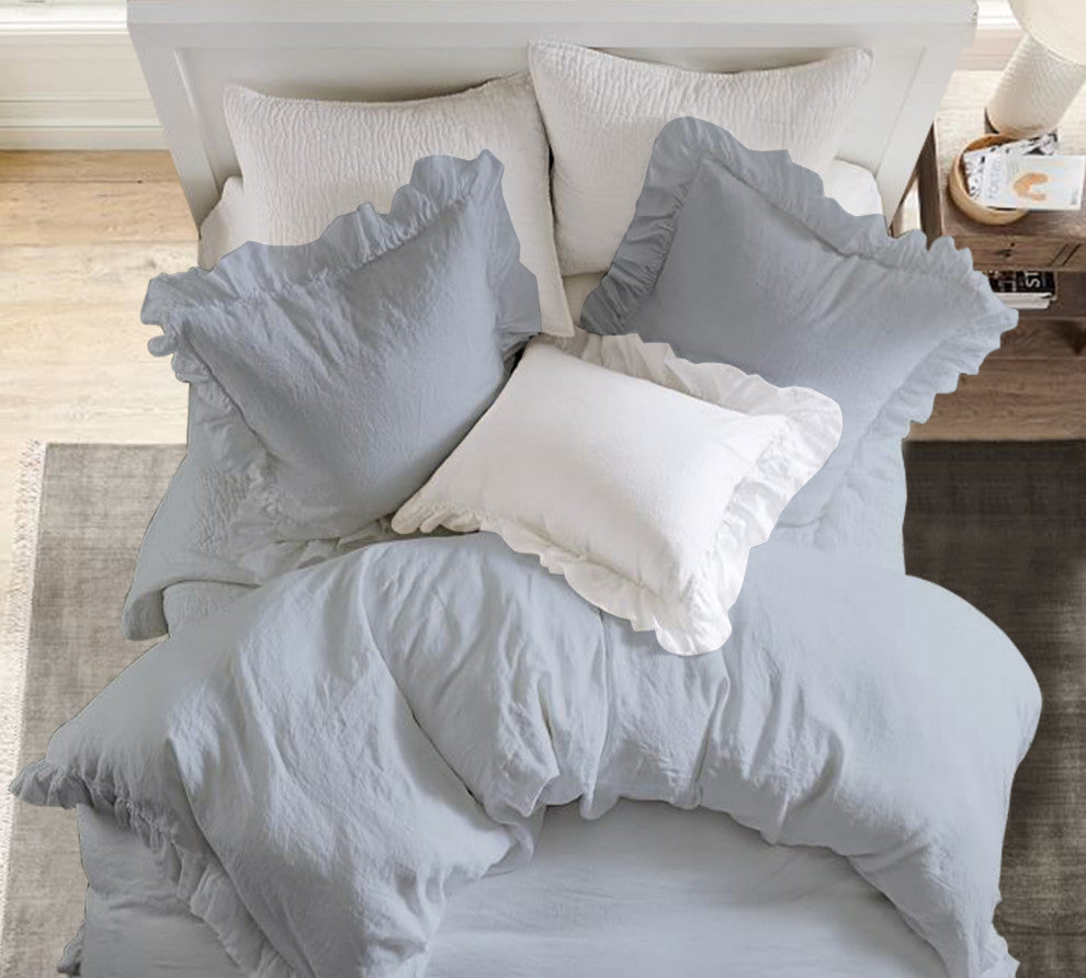 Organic Cotton 300 TC GOTS Certified 8 Internal Ties Ruffled Duvet Set, Light Blue, Queen(88"x92")
