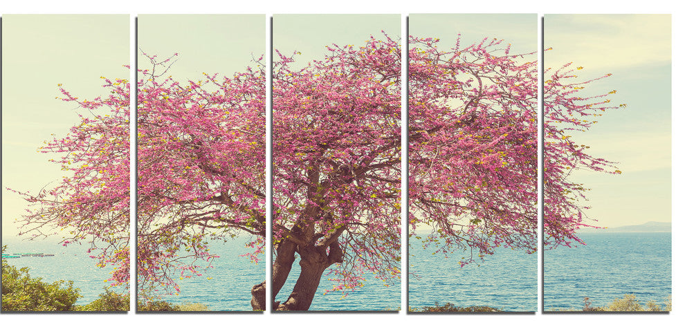 Pink Flowers on Lonely Tree, Landscape Canvas Art Print, 60"x28", 5 Panels