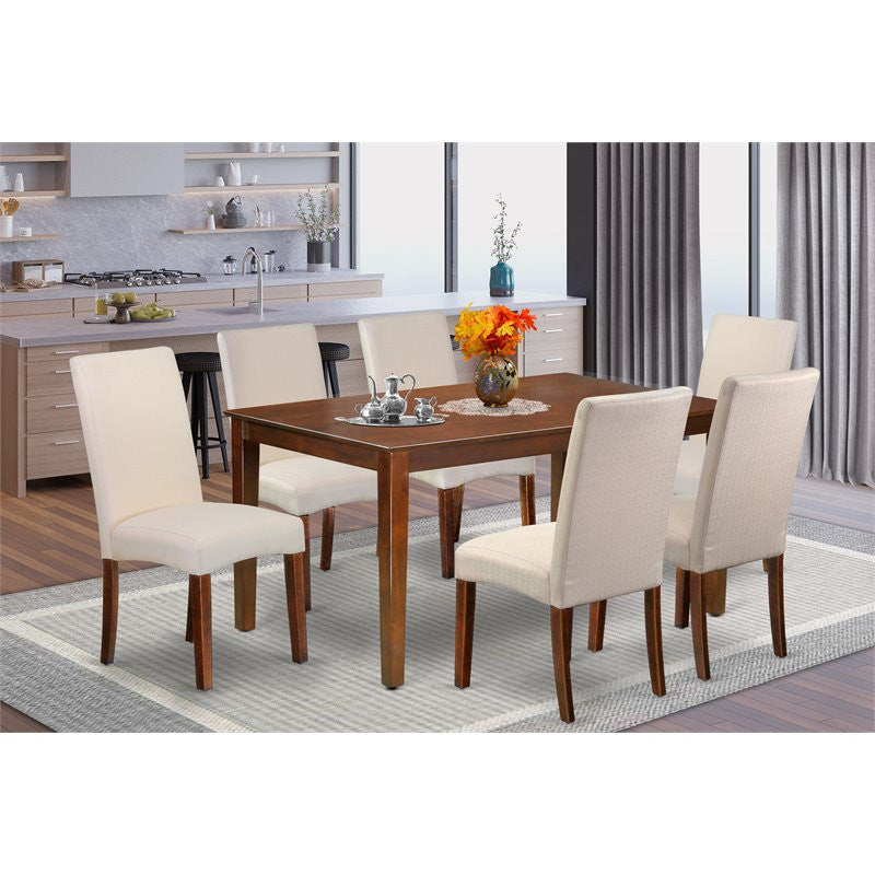 7-Piece 60" Table and 6 Chair With Mahogany Leg and Linen Fabric, Cream