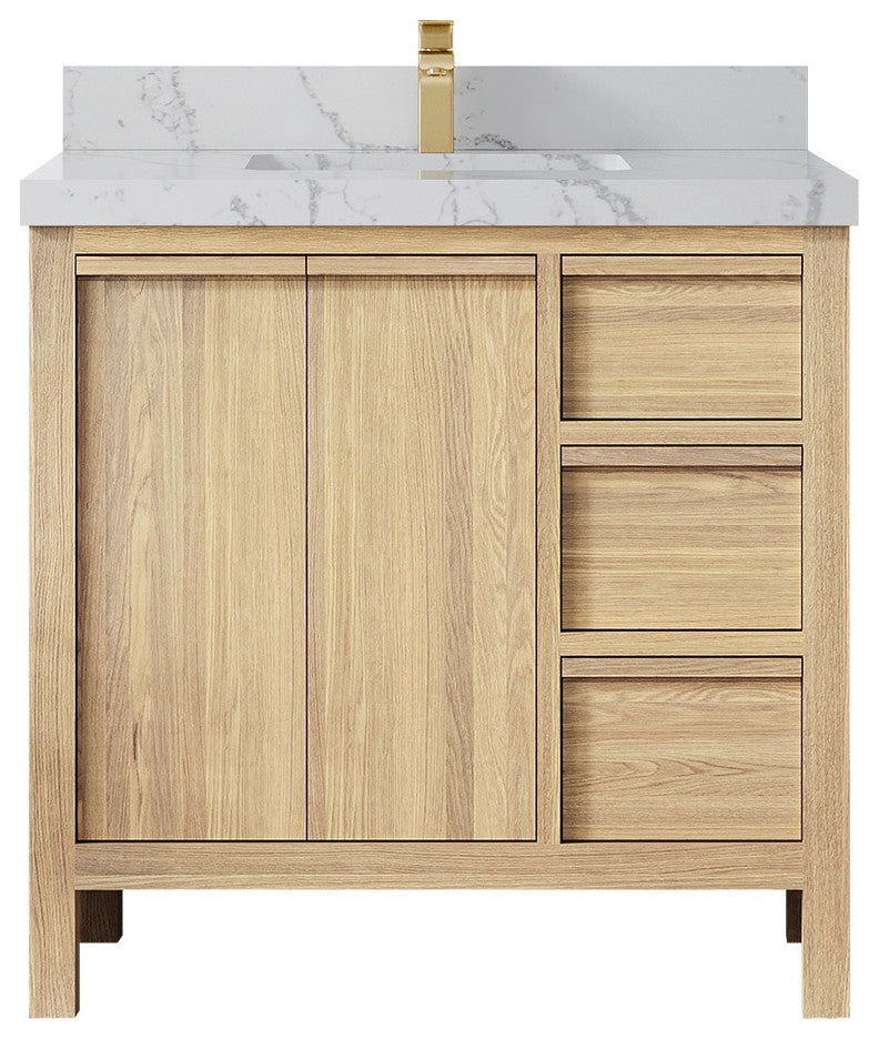 Elizabeth Oak 36" Center Sink Vanity, White 2" Venatino Quartz