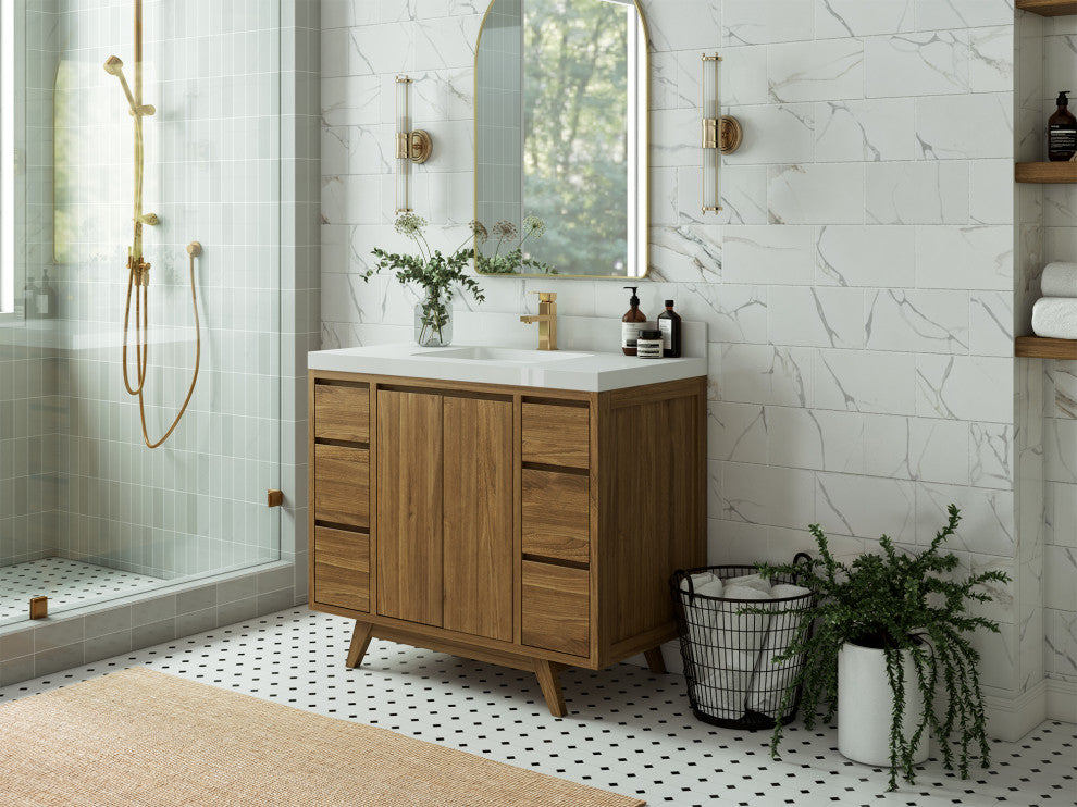 Madison Teak 42 Single Sink Bath Vanity in Dark Natural 2" Carrara Quartz