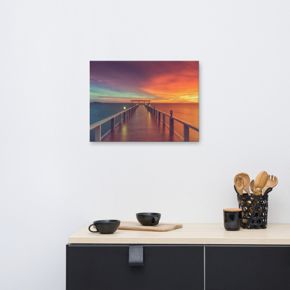 Surreal Wooden Pier At Sunset Intrigued Landscape Photo Canvas Art Print, 18" X 24"