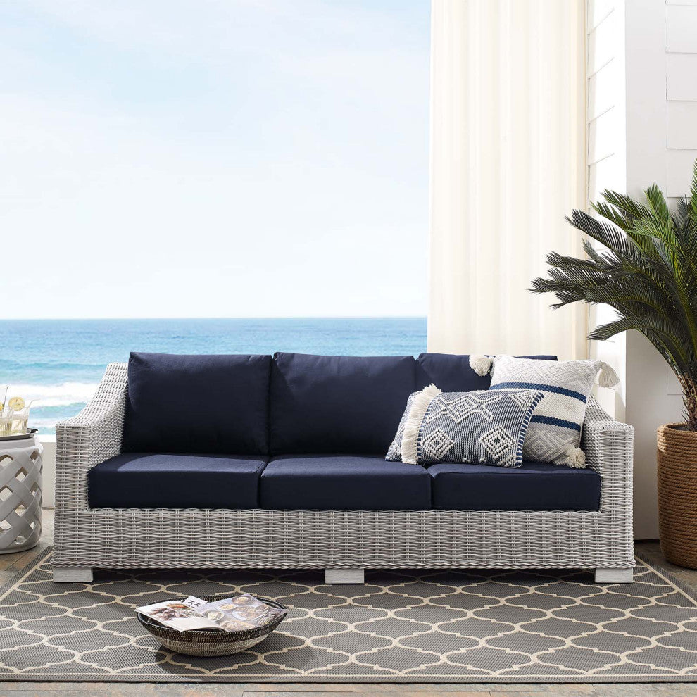 Lounge Sofa, Sunbrella, Rattan, Wicker, Gray Blue Navy, Modern, Outdoor
