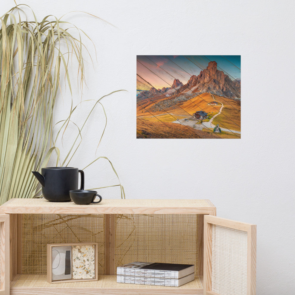 Faux Wood Majestic Sunset & Alpine Mountain Landscape Photo Wall Art Print, 16" X 20"