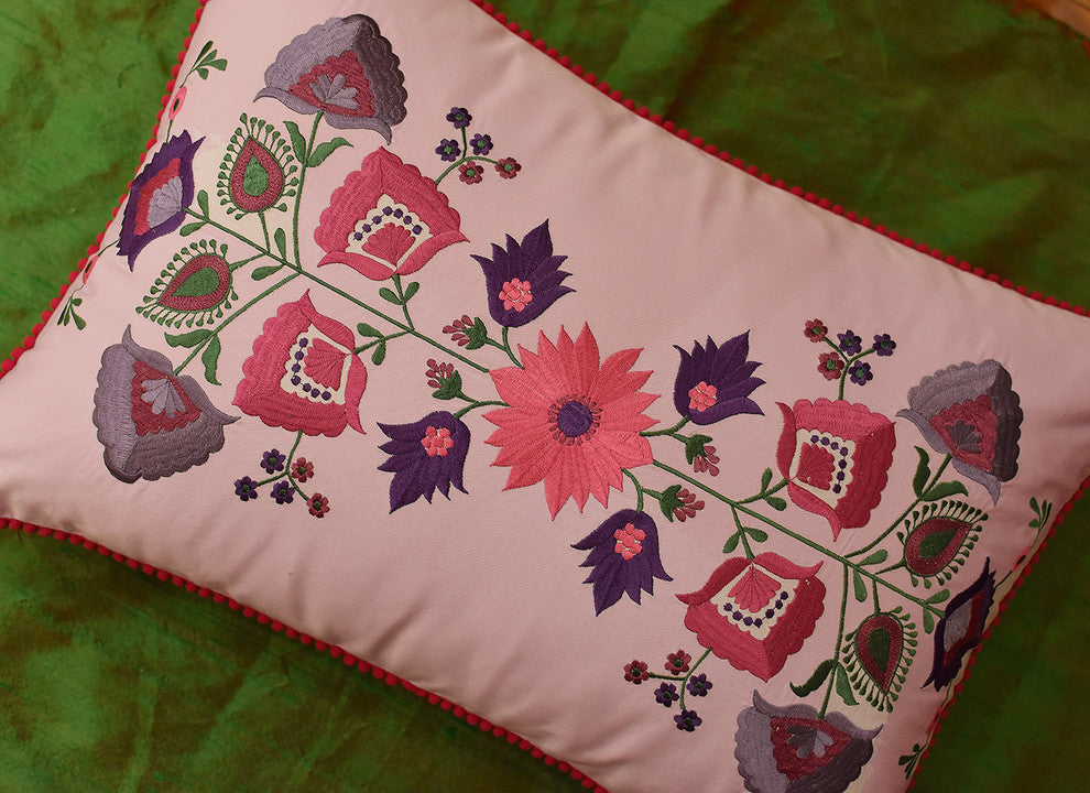 Lumbar Lavender Floral Cotton Decorative Pillow Cover Silk Embroidery  18x18"