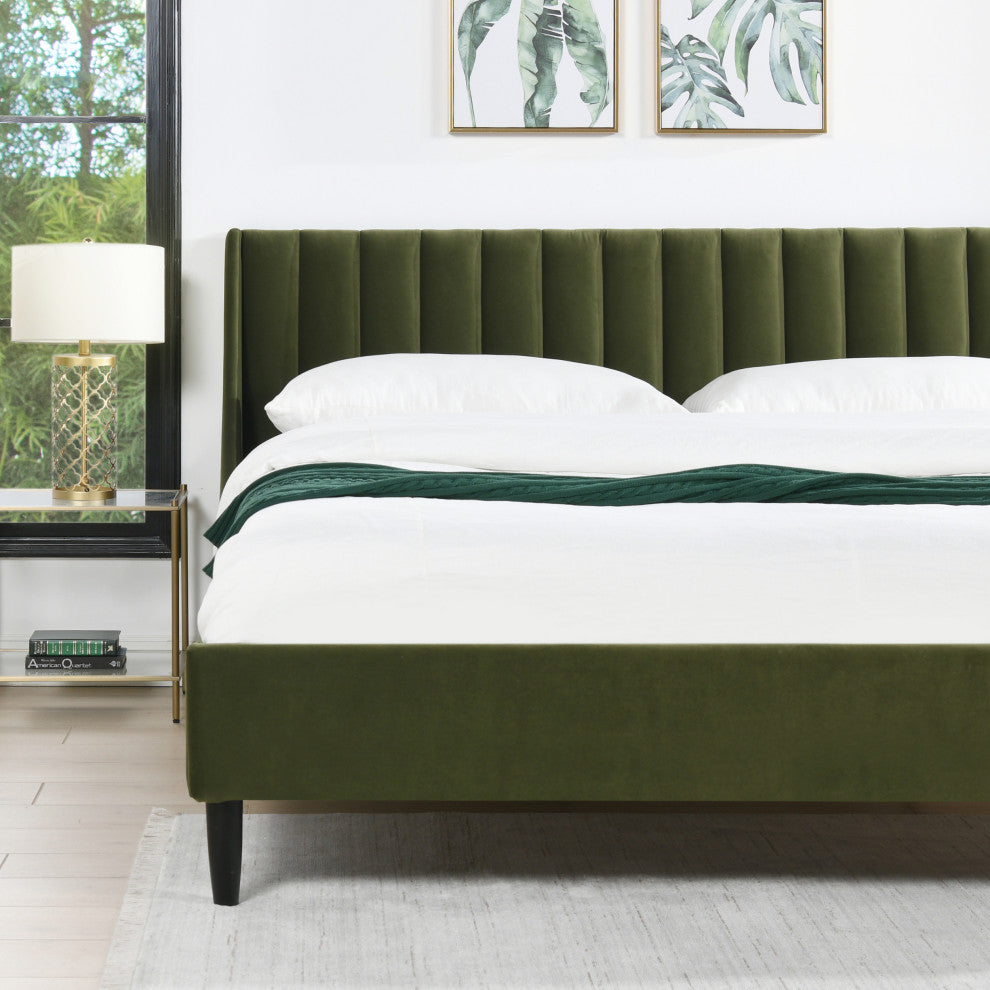 Aspen Modern Vertical Tufted Upholstered Platform Bed, Olive Green Performance Velvet, King