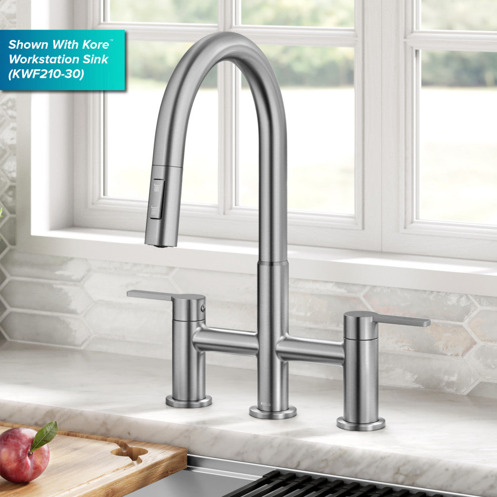 KRAUS Oletto 2-Function Pulldown 3-Hole Bridge Kitchen Faucet, Spot Free SS