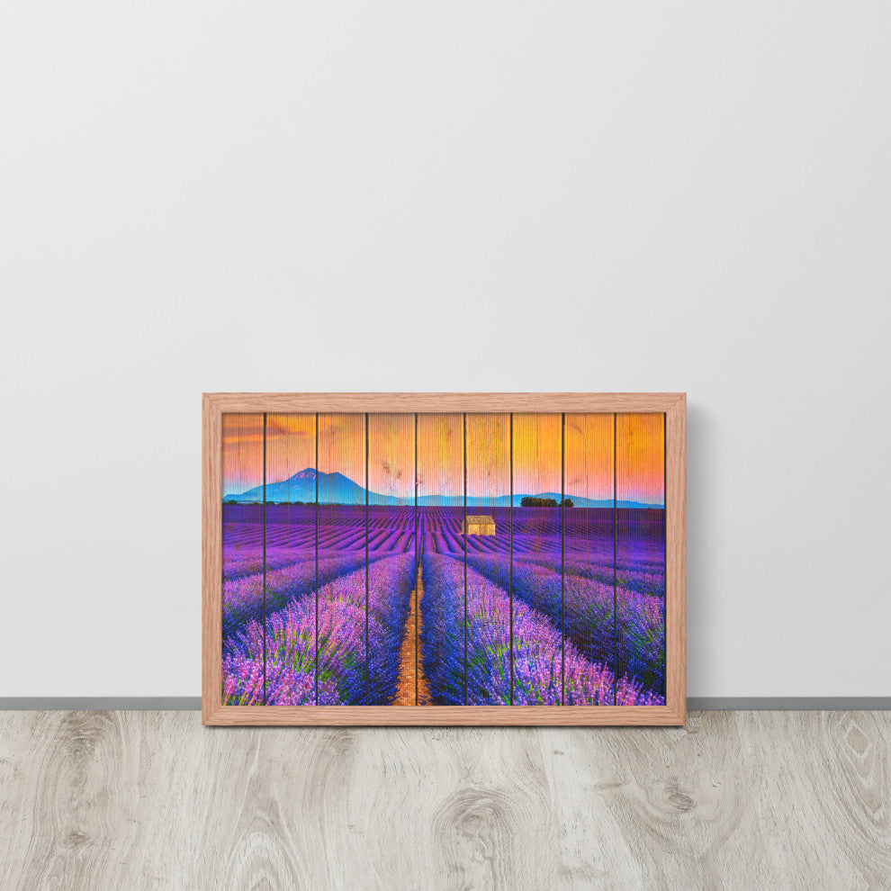 Faux Wood Lavender Fields and Sunset Landscape Framed Photo Paper Wall Art Print, Red Oak, 12" X 18"