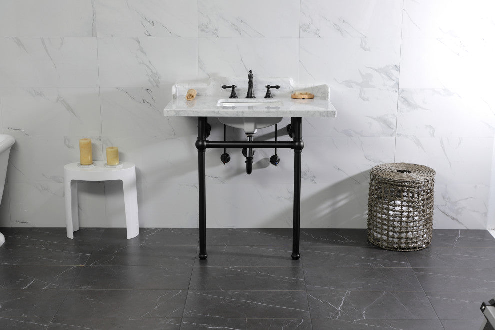 Kingston Brass LMS36MBSQ0 36" Carrara Marble Console Sink, Legs