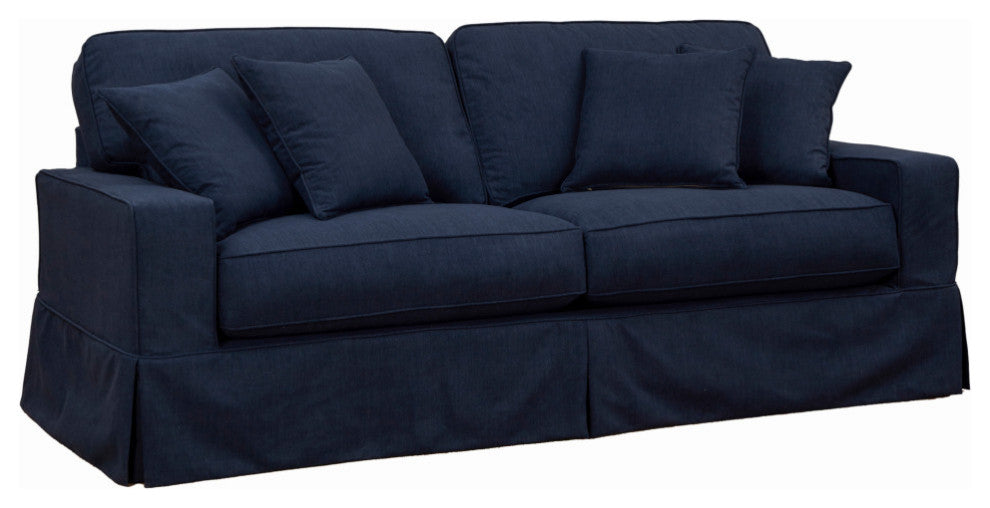 Box Cushion Slip-Covered Sofa, Stain Resistant Performance Fabric, Navy Blue