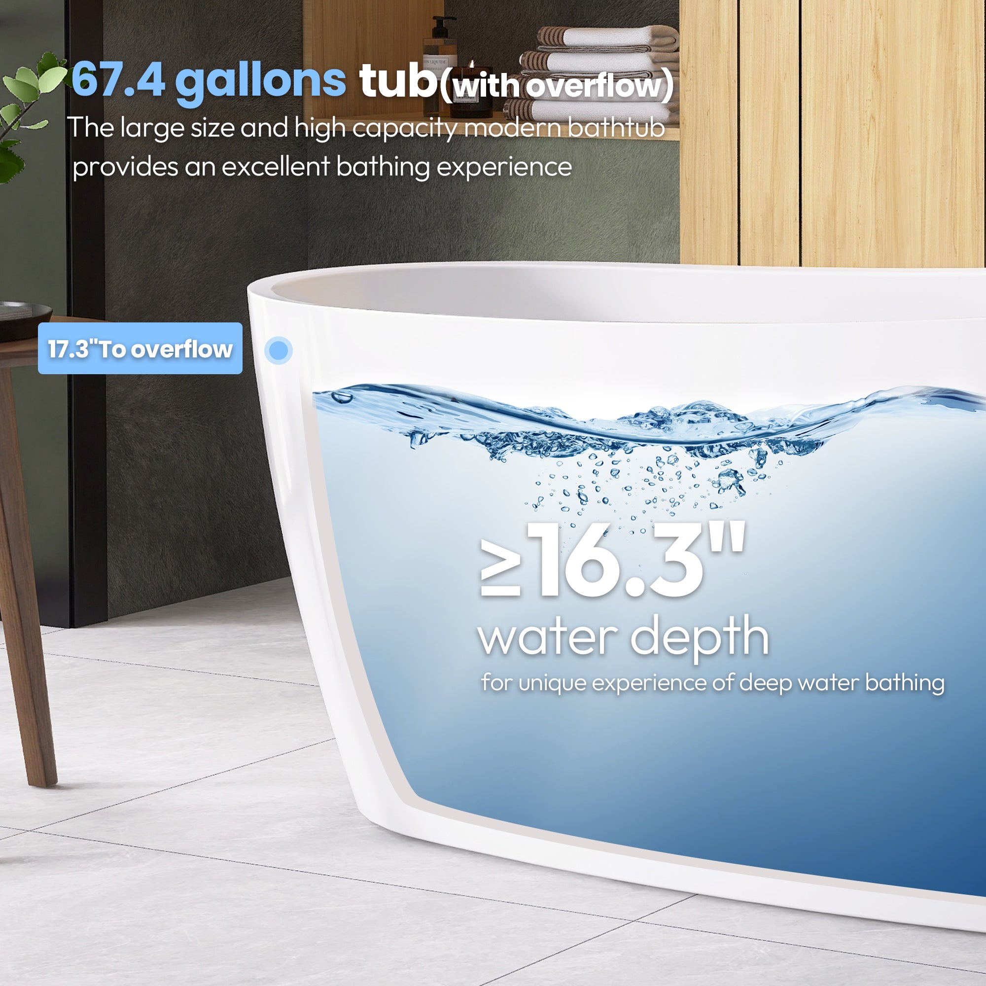 Lahore Freestanding Acrylic Soaking Bathtub, White, 66.9"l X 29.1"w