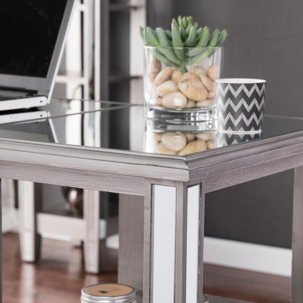 Beattie Mirrored Desk, Glam Style, Brushed Matte Silver With Mirror