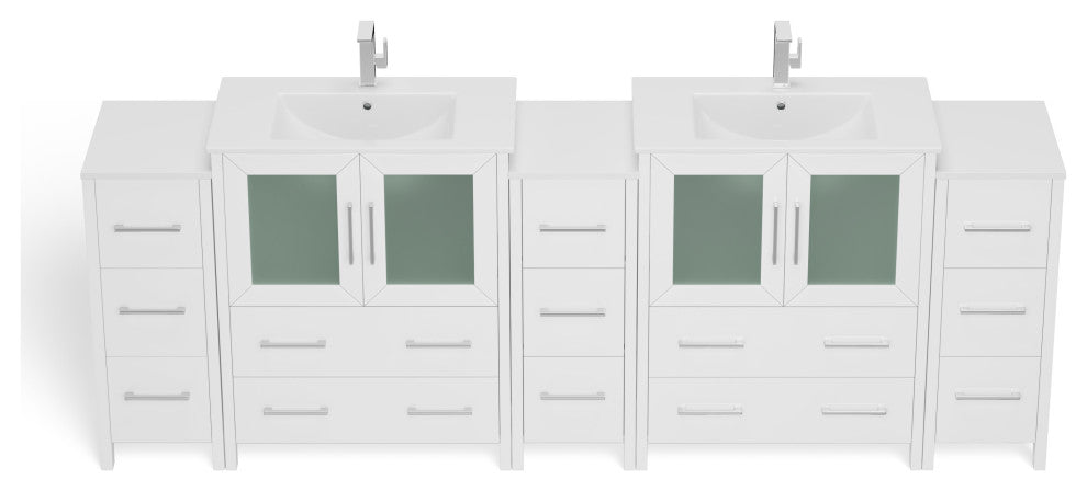 The Pullman Bathroom Vanity, White, 96", Double Sink, Freestanding