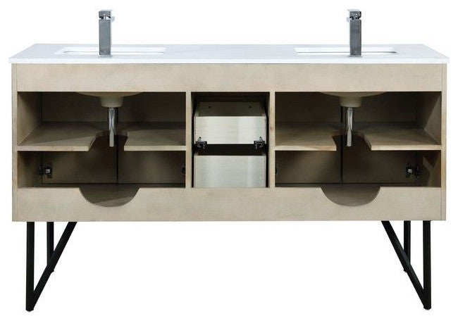 Lancy Modern 60" Rustic Acacia Double Sink Bathroom Vanity Set, Labaro Rose Gold