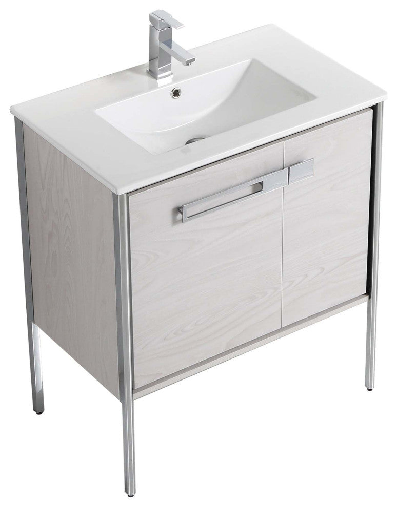 Oakville Bath Vanity, Ceramic Sink, Mild Grey Oak, 30 Inch, Chrome Hardware
