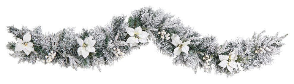 6' Flocked Poinsettia and Berry Artificial Christmas Garland With 50 LED Lights