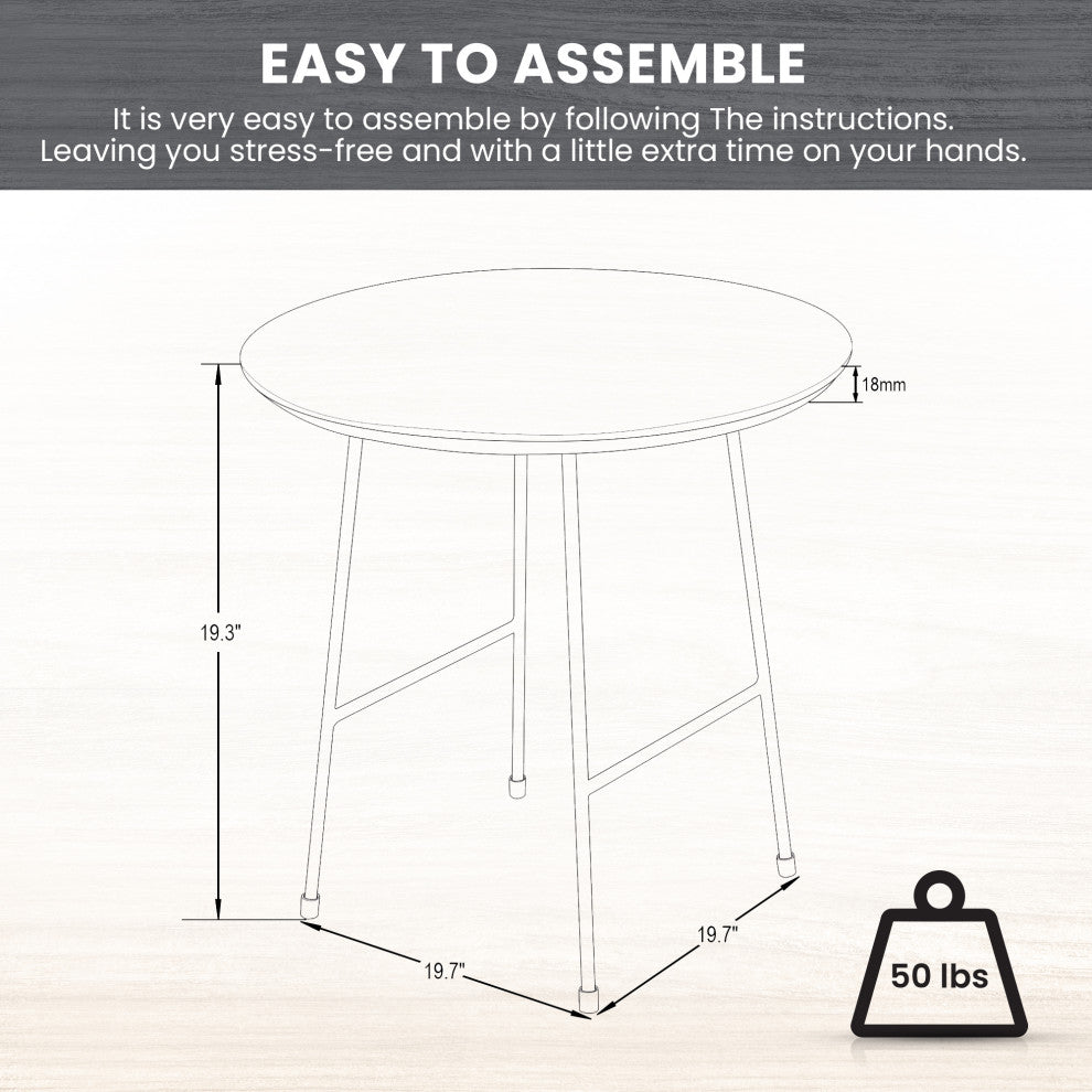 LeisureMod Rossmore Modern Round Side Table With White Steel Frame, Black