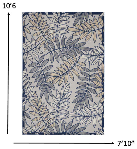 8 x 11' Ivory and Navy Leaves Indoor Outdoor Area Rug