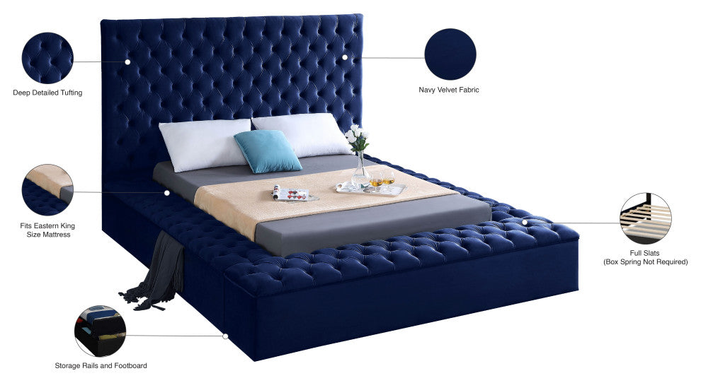 Bliss Velvet Upholstered  Bed, Navy, King