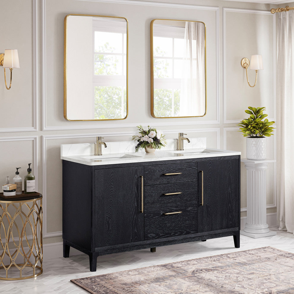 Gara Bath Vanity, Stone Top, Fir Wood Black, 60", Double Vanity, No Mirror