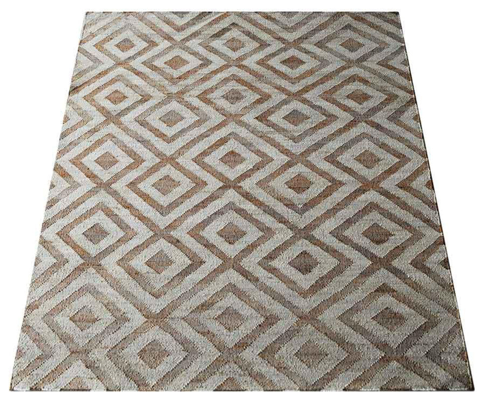 HAND WOVEN KILIM JUTE ECO-FRIENDLY AREA RUGS, White Beige,Geometric,Outdoor, [Rectangle] 8'x10'