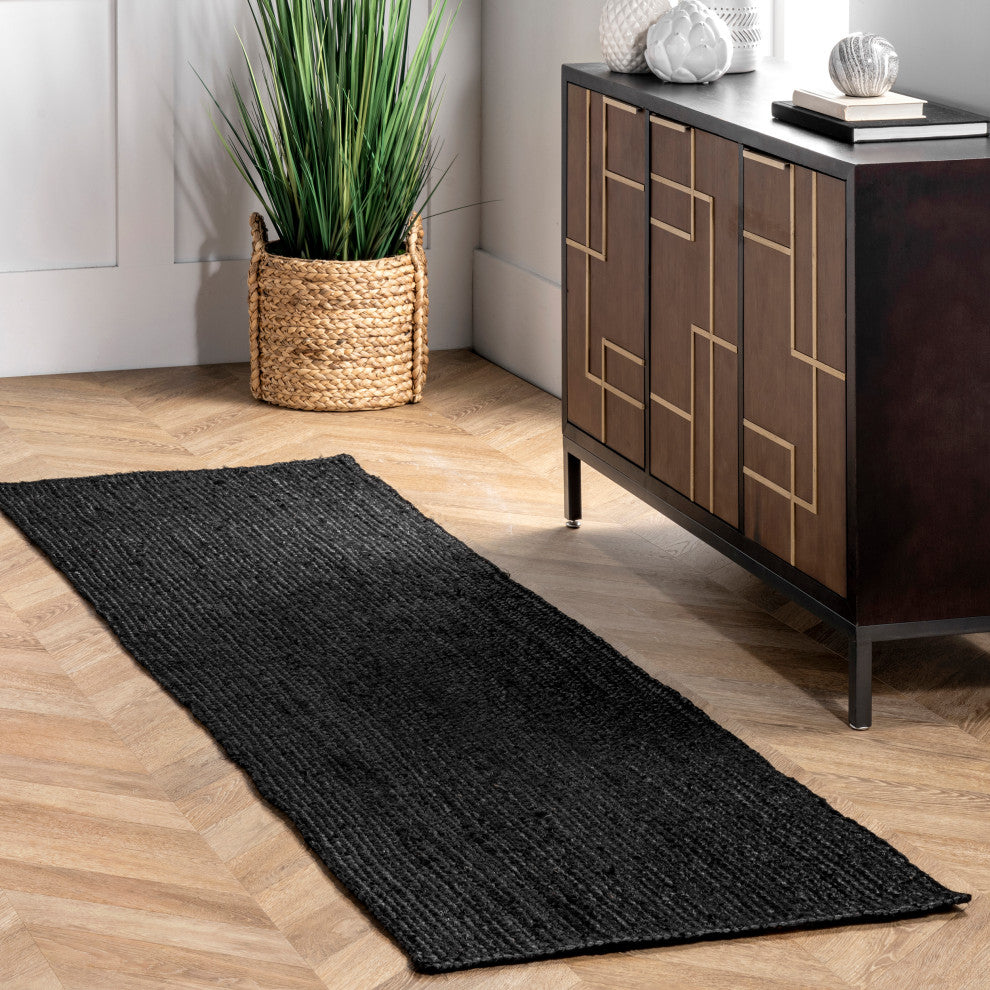 Nuloom Rigo Hand Woven Farmhouse Jute Area Rug, Black 2'6"x8'