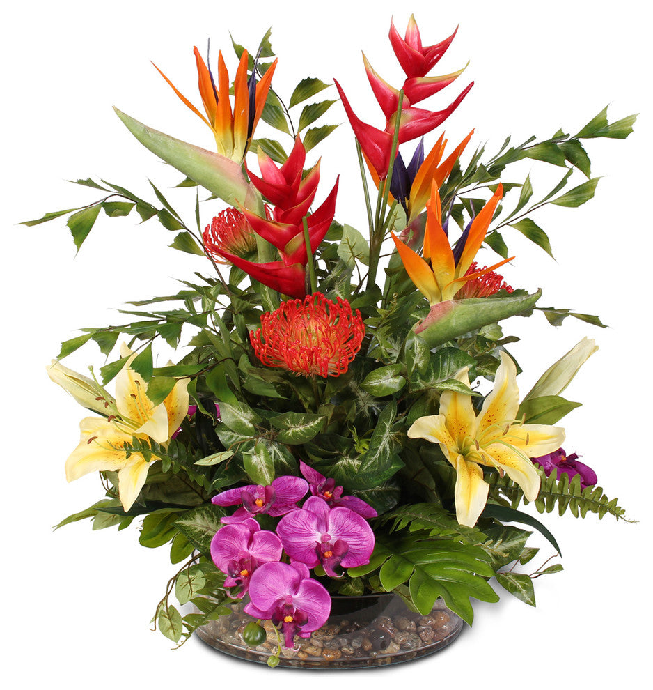 Exotic Tropical Silk Floral With Pebbles in Glass Bowl