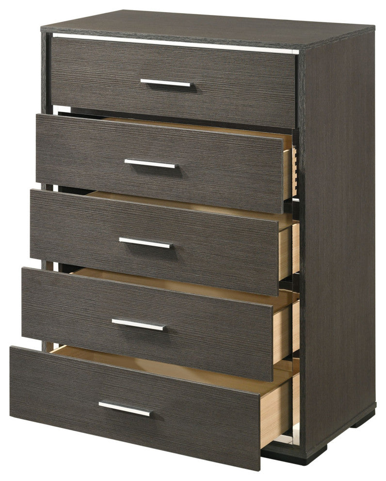 Benzara BM225886 5 Drawer Wooden Chest With Mirror Trim Accents, Gray