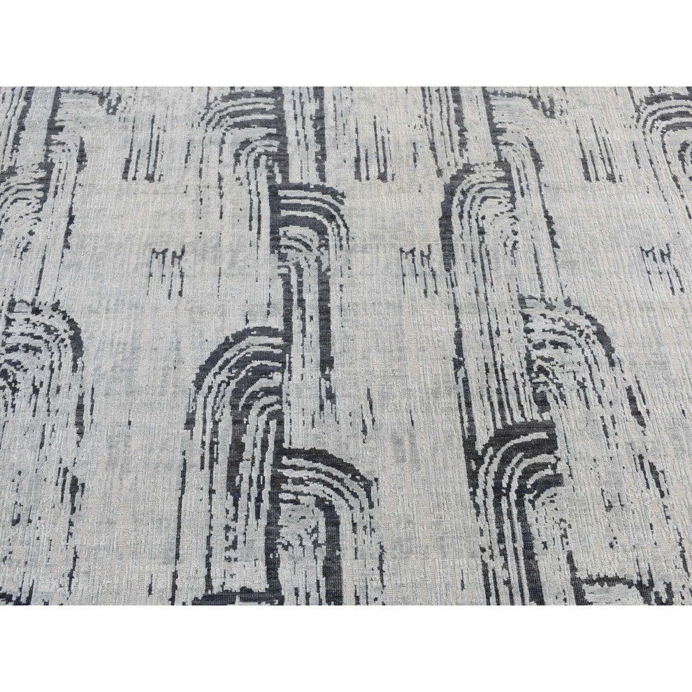 Cloud Gray THE CANE Pure Silk With Textured Wool Hand Knotted Rug 6'x9'