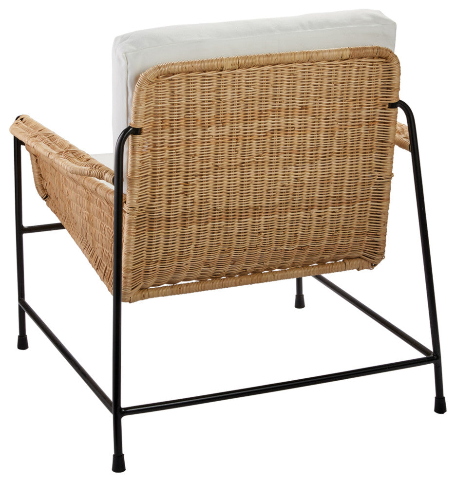 Palermo Lounge Chair, Natural Rattan and Black Steel With Off White Cushions