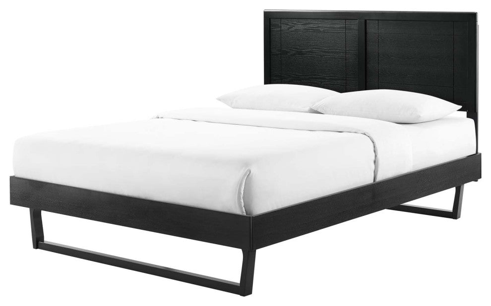 Platform Bed Frame, King Size, Wood, Black, Modern Mid-Century, Bedroom Master