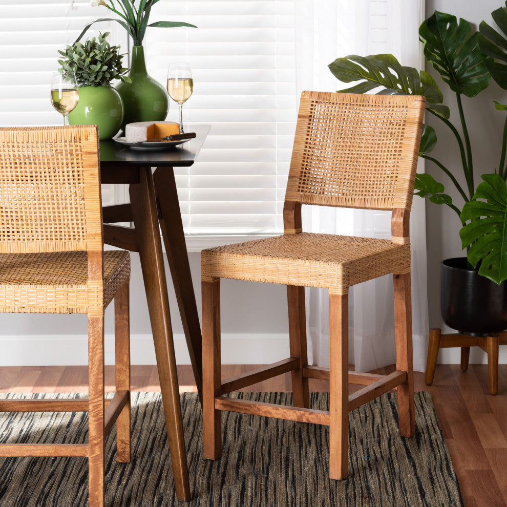 Lesia Bohemian Natural Brown Rattan and Walnut Brown Finished Wood Counter Stool
