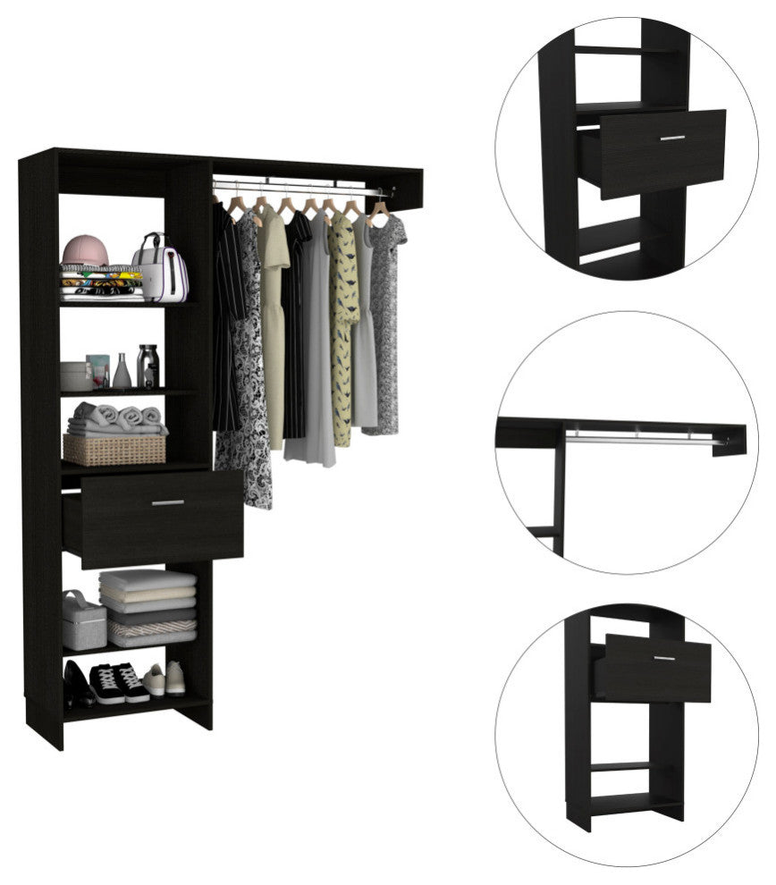 Hybrid 150 Closet System with 5 Open Shelves, 1 Drawer, and Metal Rod, Black