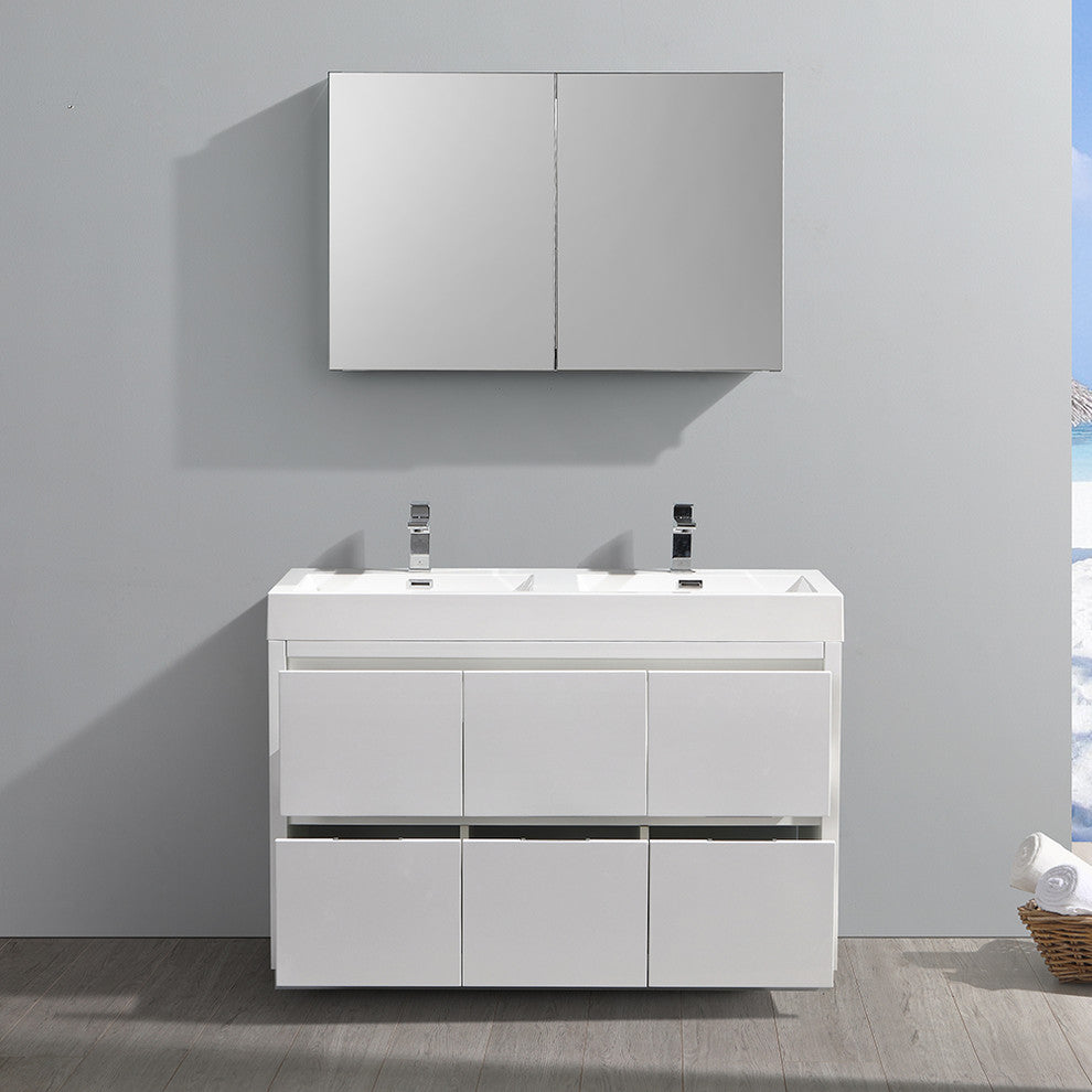 Valencia 48" Glossy White Free Standing Double Sink Vanity, Faucet FFT9151CH
