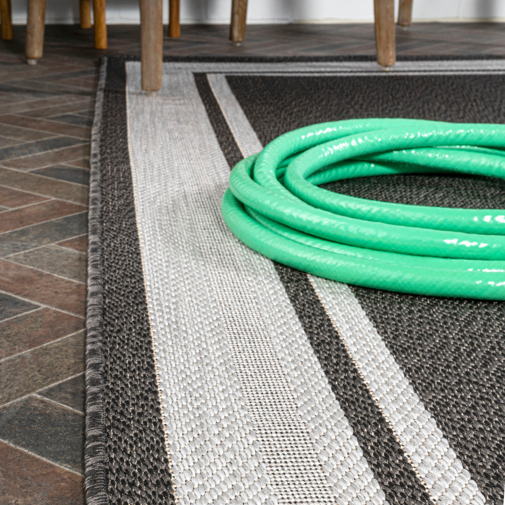 James Modern Border Stripe Indoor/Outdoor Area Rug, Black/Cream, 3x5
