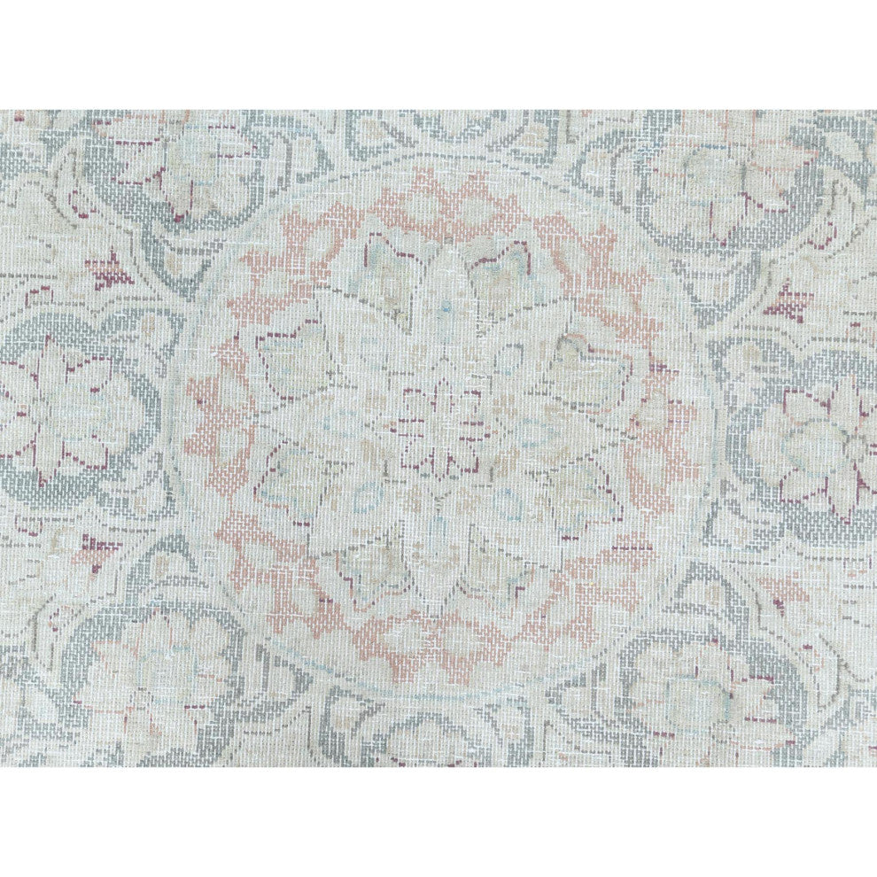 Worn Wool, Hand Knotted, Ivory, Vintage Persian Kerman, Oriental Rug 9'8"x12'10"