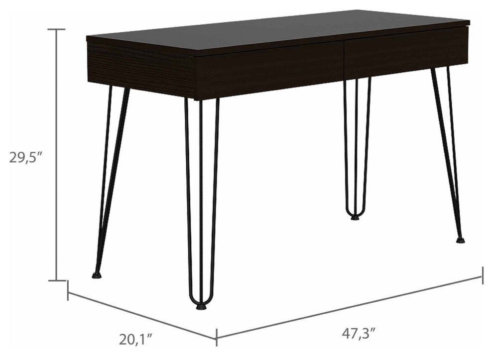 Oakland Writing Desk with 2 Drawers, Hairpin Legs, Black