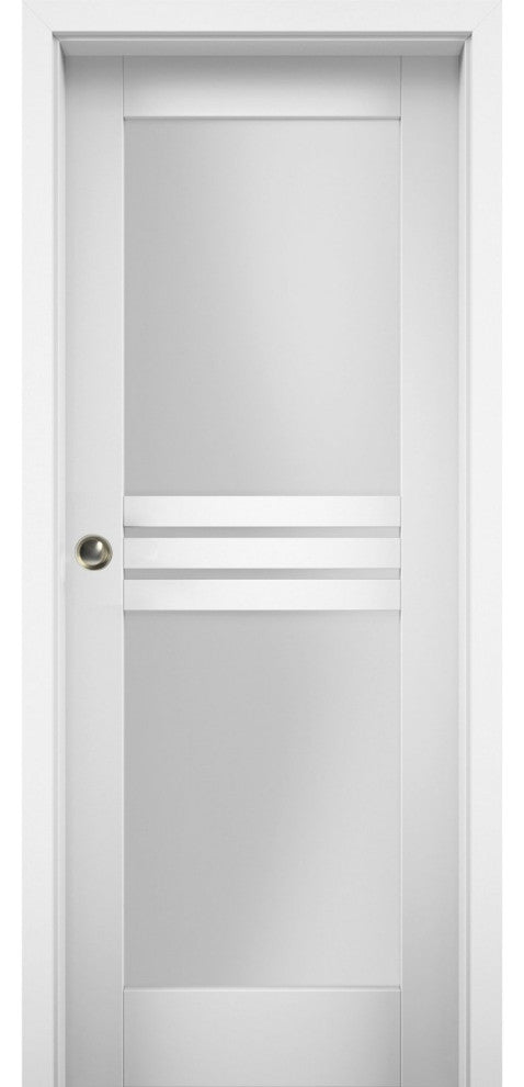Sliding Pocket Door Opaque Glass 4 Lites / Mela 7222 White Silk, 28" X 84"