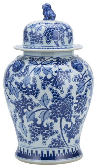 Blue & White Peony Temple Jar With Lion Handles