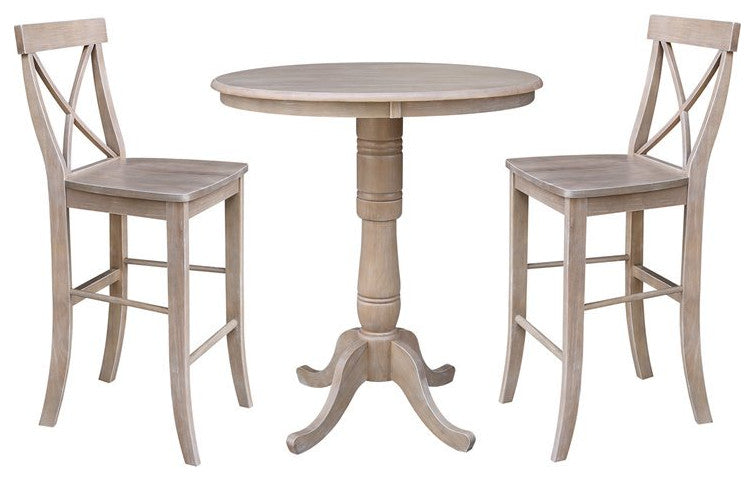 36" Round Pedestal Bar Height Table with Two Bar Height Stools, Weathered Grey