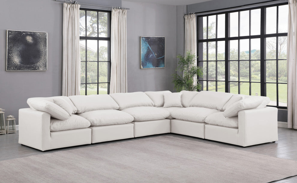 Indulge Upholstered Modular L-Shaped Sectional, Cream, 6-Piece: 3 Armless Chair, 3 Corner Chair, Fiber Stuffed Vegan Leather