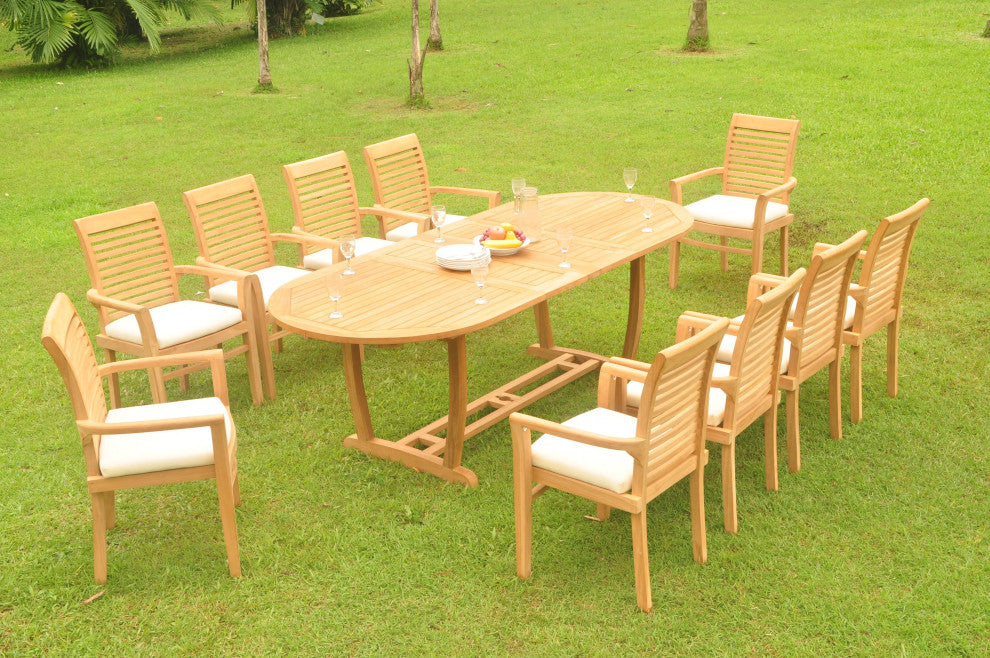 11-Piece Outdoor Teak Dining Set: 94" Oval Table, 10 Mas Stacking Arm Chairs